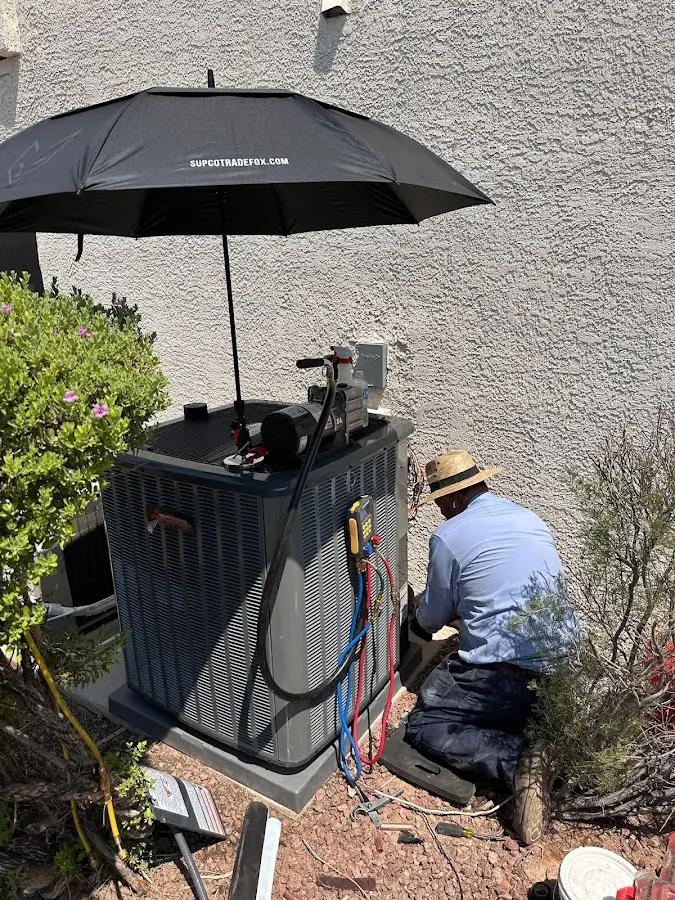 HVAC technician performing outdoor AC maintenance in Cahokia Heights